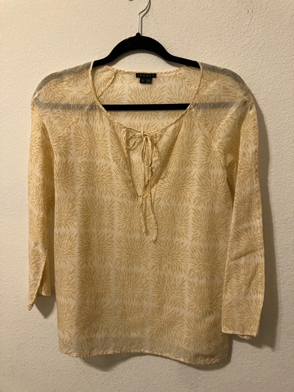 Theory Cream Floral Tie-Neck Blouse Lightweight Sheer Top S